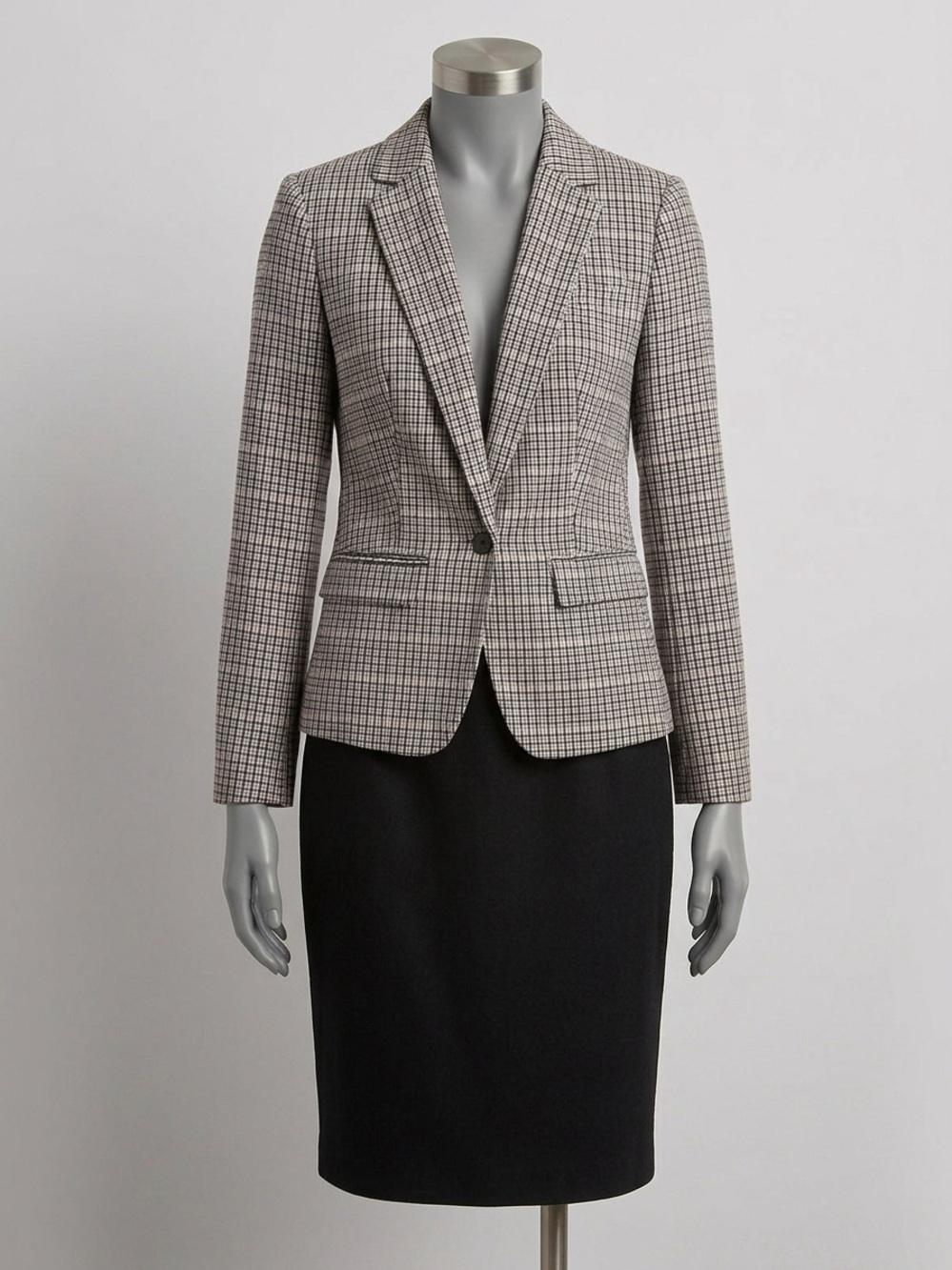Checked Single-Button Women's Blazer - Beige/Black